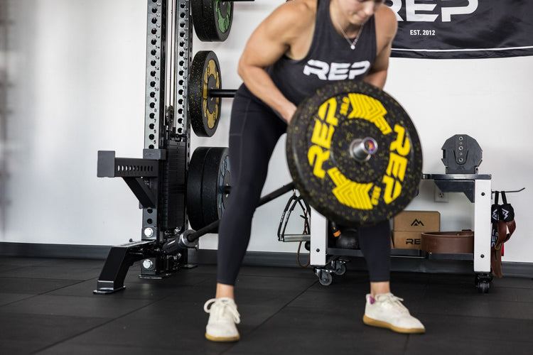 power rack with front foot extension pair 2.0 and landmine attached for landmine rows